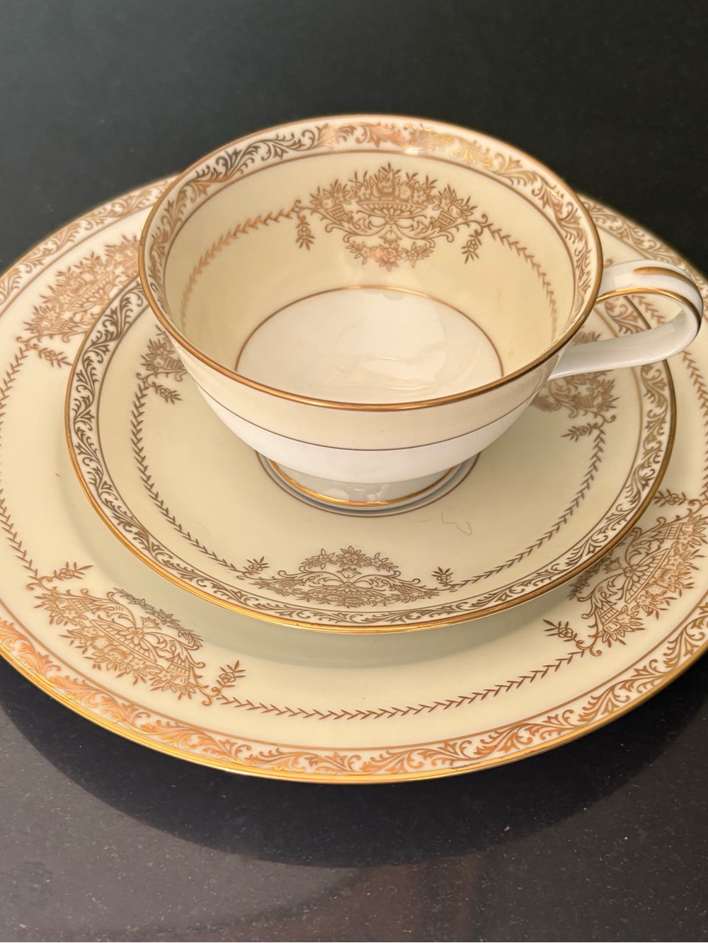 Noritake Bancroft Cream and Gold Porcelain Tea Cup, Saucer & Plate Set